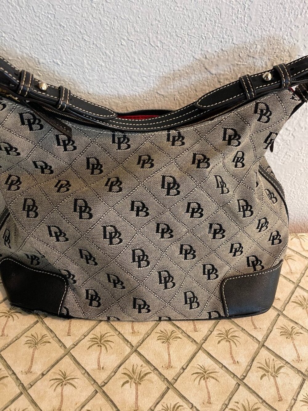 Dooney & Bourke Hobo Purse Bag Beige & Black Canvas Shoulder Bag